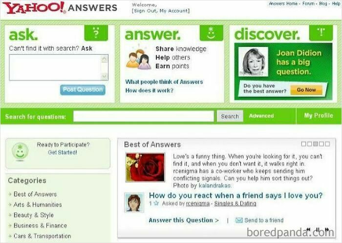 A screenshot of the old Internet era Yahoo! Answers homepage, showing categories and questions. Kids today can't comprehend this.