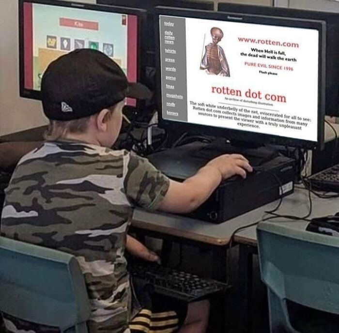 A chaotic pic of the old Internet showing a young boy looking at a Rotten.com website on an old computer monitor.