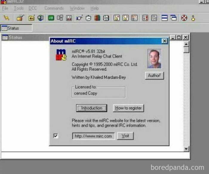 The 'About mIRC' window, displaying version 5.81, an example of old Internet Relay Chat (IRC) software.