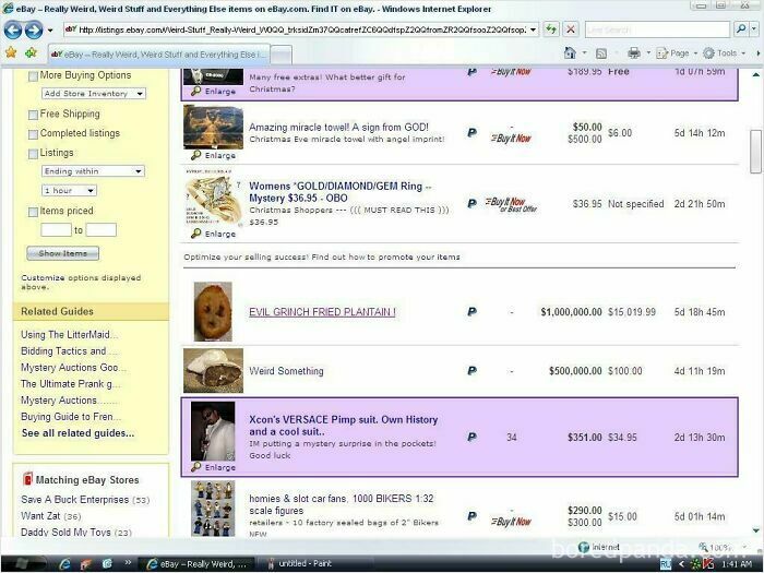 A screenshot of eBay browsing 'Really Weird Stuff', featuring unique items, characteristic of the old Internet experience.