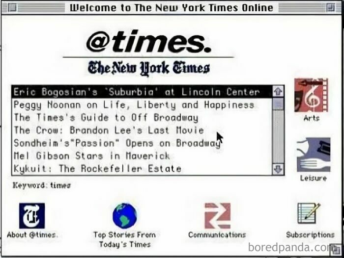 Screenshot of the New York Times Online, showcasing the old internet's chaotic, early web browser interface.