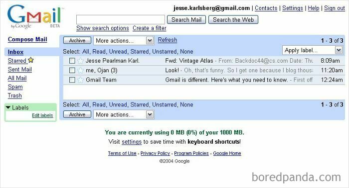 An old internet screenshot of the classic Gmail inbox interface, displaying emails and limited storage from 2004.