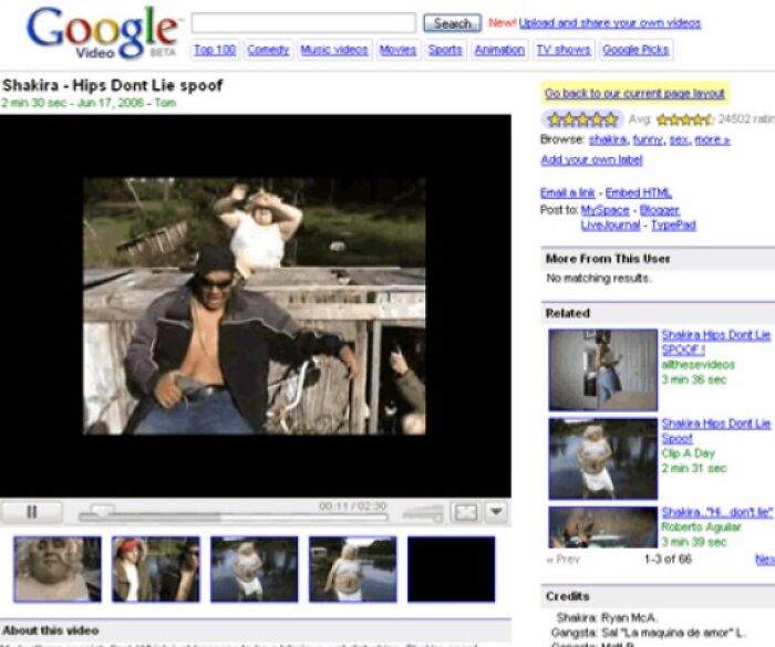 Google Video playing a spoof video, displaying search bar, related videos, and old Internet design. Kids today won't comprehend this.