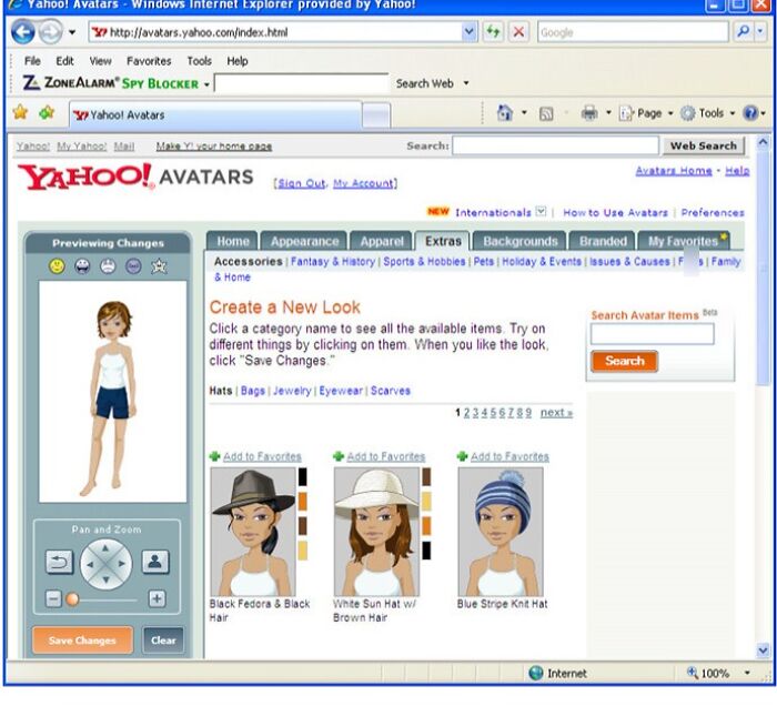 A screenshot of Yahoo! Avatars showing various customization options, reflecting the old Internet era.