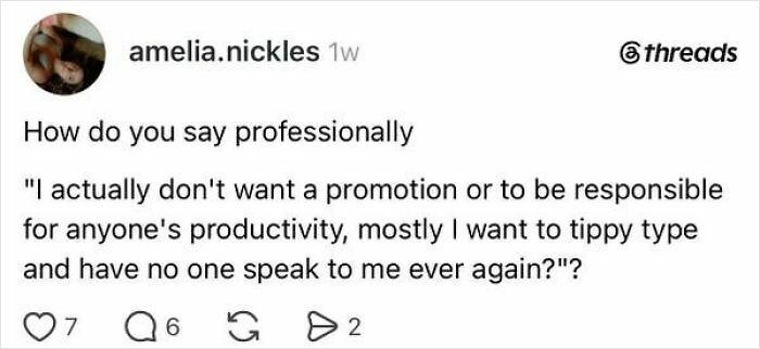 A social media post asking how to professionally decline a promotion, focusing on the beautiful absurdity of having a job.