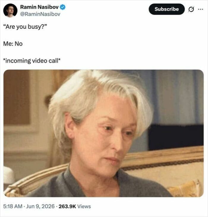 A meme with a GIF of Meryl Streep looking annoyed, captioned with a scenario depicting the absurdity of having a job, specifically an unexpected video call.