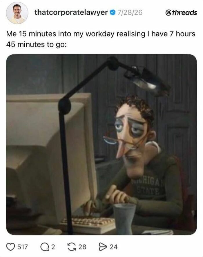 A meme with a tired cartoon character at a computer, realizing how much workday is left, representing the absurdity of having a job.