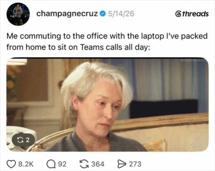 Meryl Streep meme embodying the absurdity of a job, commuting to an office for Teams calls.
