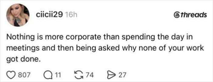 A text post about the corporate absurdity of having a job, specifically wasting time in meetings.