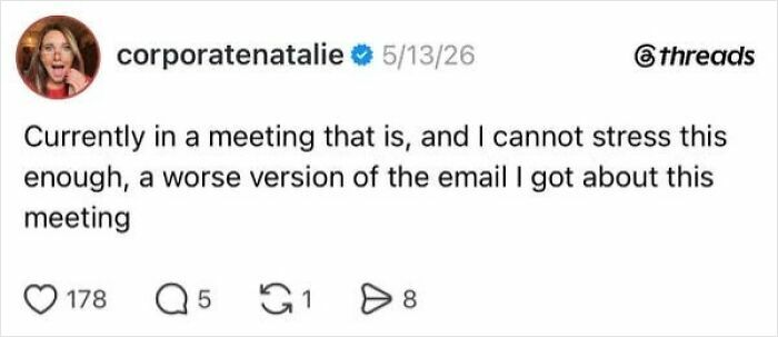 A social media post lamenting being in a meeting that is a worse version of an email, perfectly capturing the absurdity of having a job.