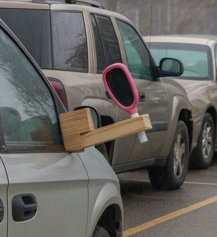 A clever solution: a hand mirror attached to a car door as a side mirror replacement using random junk.