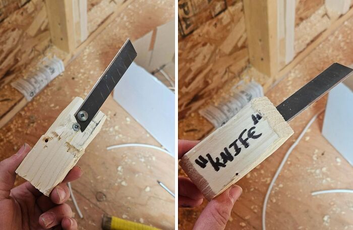 A utility knife blade secured in a wooden handle, a DIY solution for random junk.