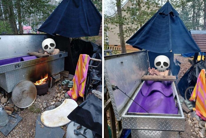 A person in a makeshift outdoor hot tub made from a metal box, a clever solution for random junk.