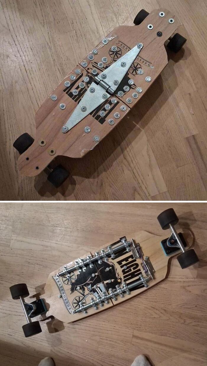 A wooden skateboard with metal hinges and bolts, a DIY clever solution from random junk.