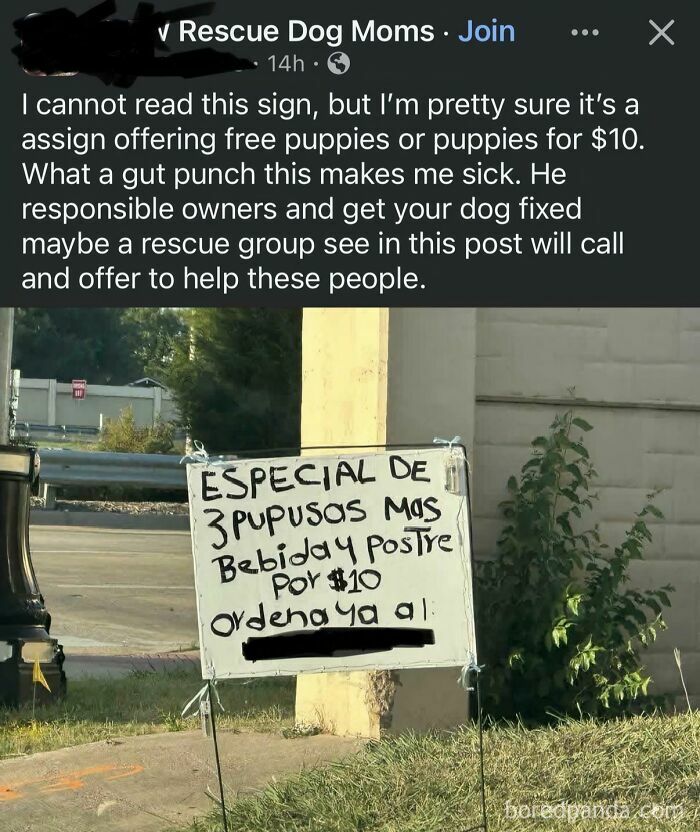 Facebook post showcasing cringe and hilarious moments of people being wrong about a Spanish sign.