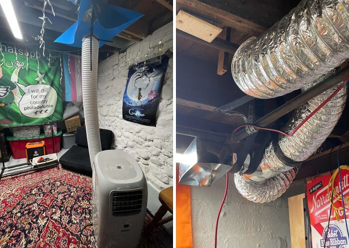 A portable AC unit with a rigged exhaust and a fan for air circulation, showcasing clever solutions.