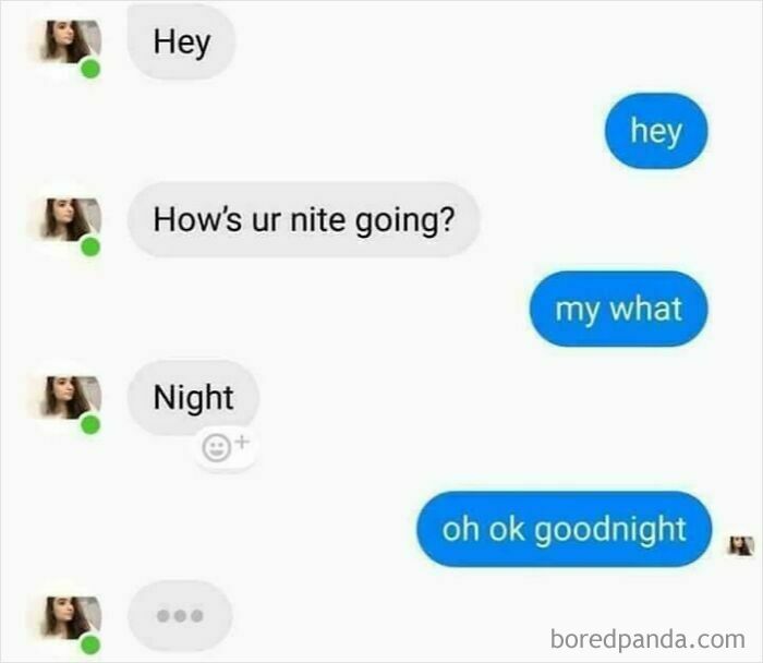 A screenshot of a funny text exchange where a person misunderstands 'nite' for 'night'.