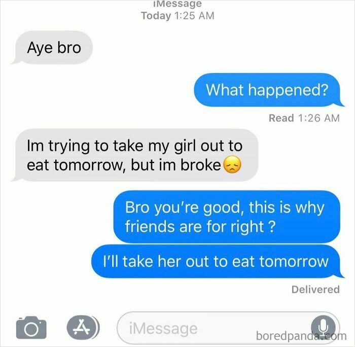 A screenshot of a text exchange between friends where one offers to pay for the other's date, a heartwarming text exchange.