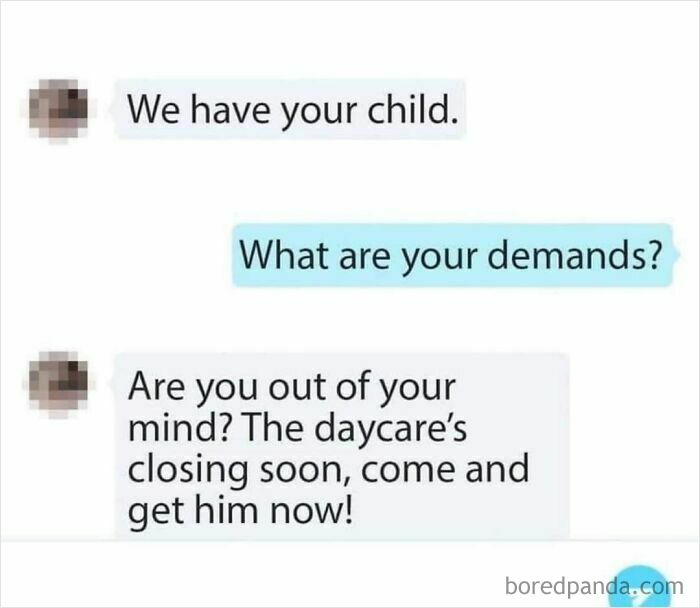A screenshot of unhinged text exchanges where a daycare sends a message that sounds like a ransom note for a child.