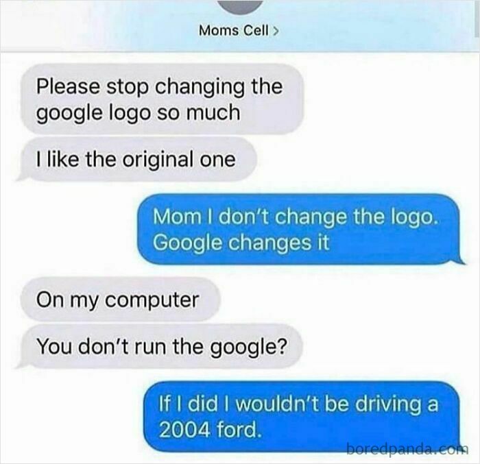 A screenshot of unhinged text exchanges about a mother asking her child to stop changing the Google logo on her computer.