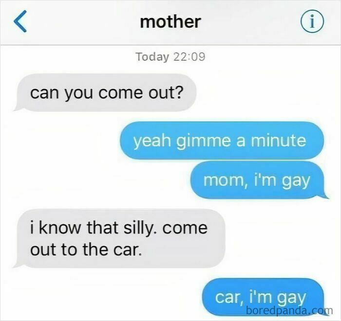 A screenshot of unhinged text exchanges with a person comically coming out to their mother as gay, misunderstanding mother's text.