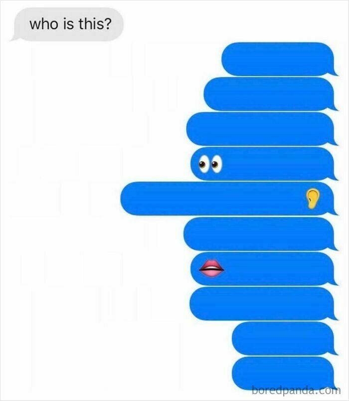 A fictional but hilarious text exchange showing a series of blue message bubbles forming a face, with Who is this? at the top.