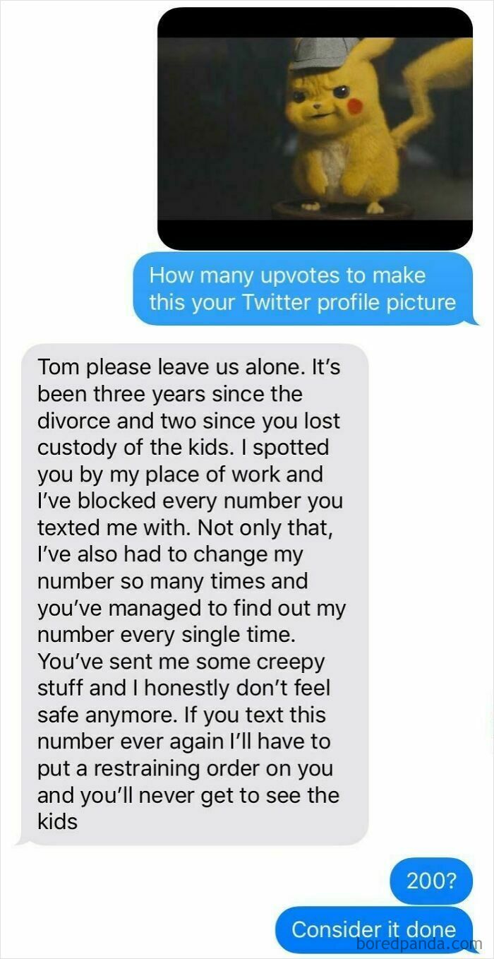An unhinged text exchange with a Pikachu image, showing a serious message followed by a short, hilarious reply. These fictional text exchanges are truly hilarious.