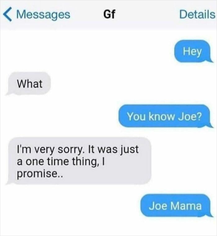 A screenshot of a hilarious text exchange about Joe Mama, one of many unhinged text exchanges.