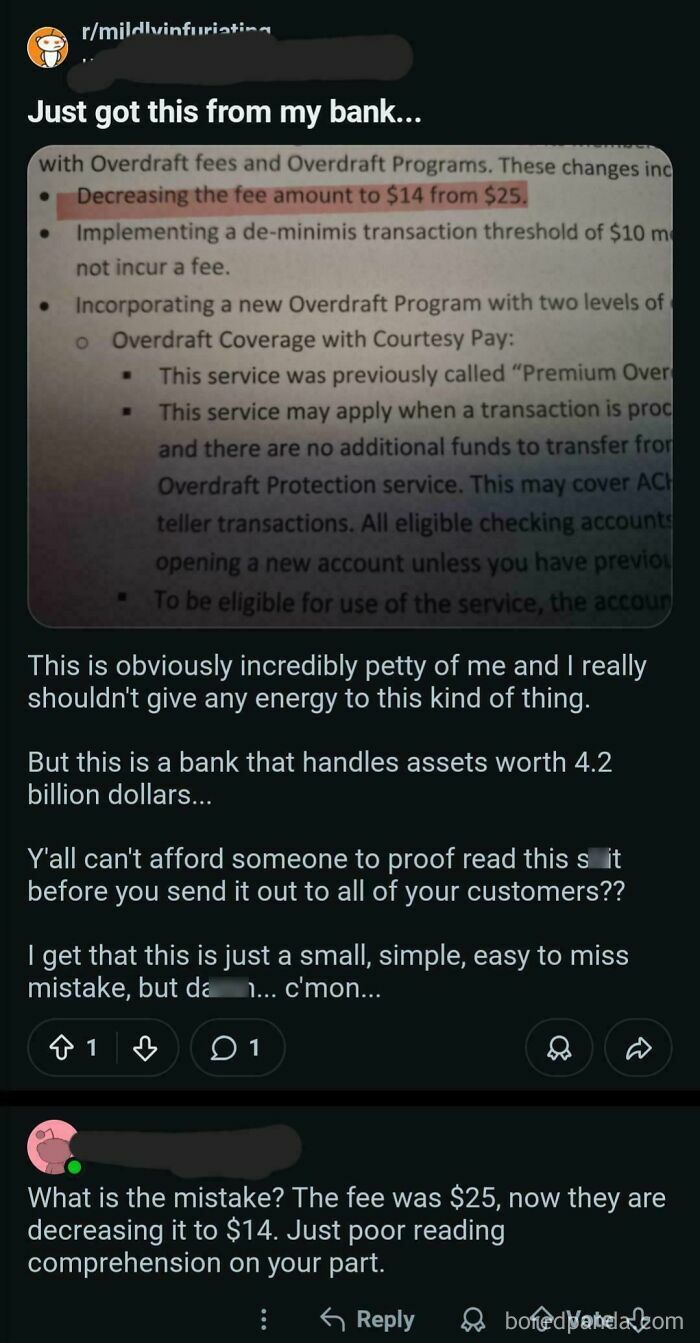 Cringe moment of people being wrong, misunderstanding bank fee changes from a news article.