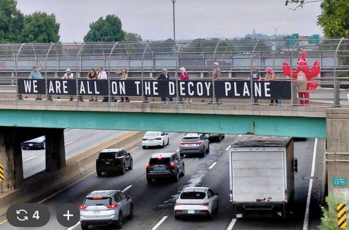 A chaotic good post showing people on a bridge with a sign saying We are all on the decoy plane, with a red lobster costume figure.
