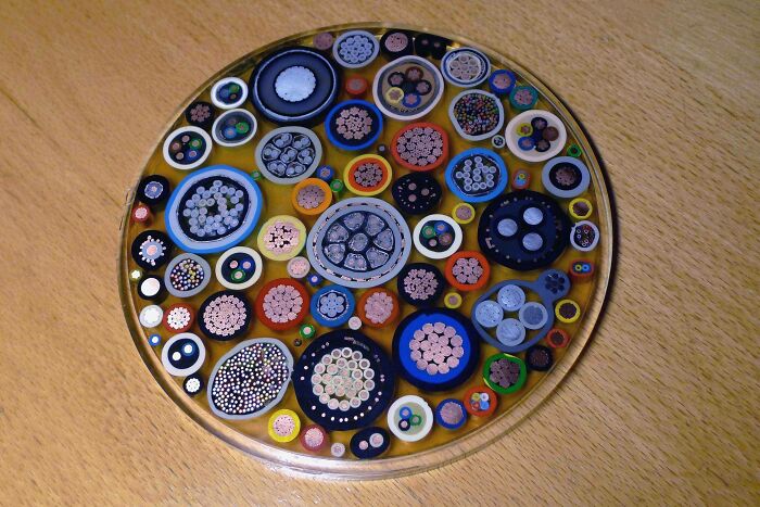 Interesting photo of numerous cables cut in half, arranged in a circular pattern, showcasing diverse internal structures.