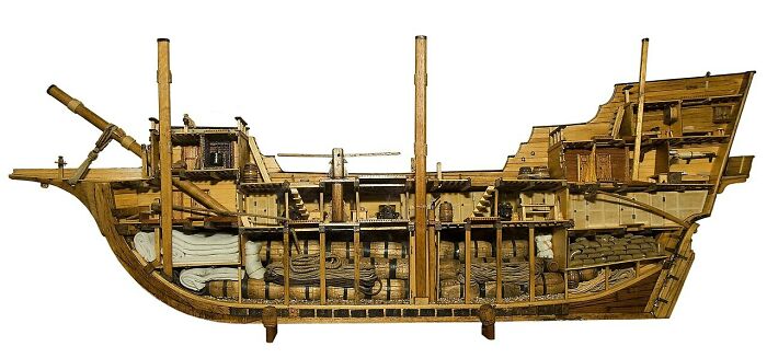 Interesting and surprising photo of a wooden ship model cut in half, displaying its internal decks and cargo.