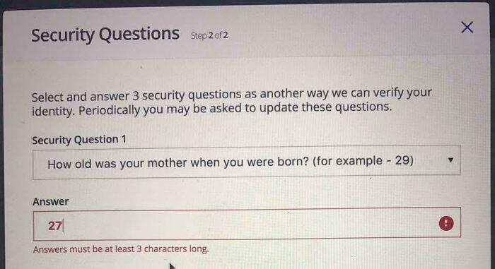 Screenshot of a security question form with an invalid answer, capturing a funny internet moment.