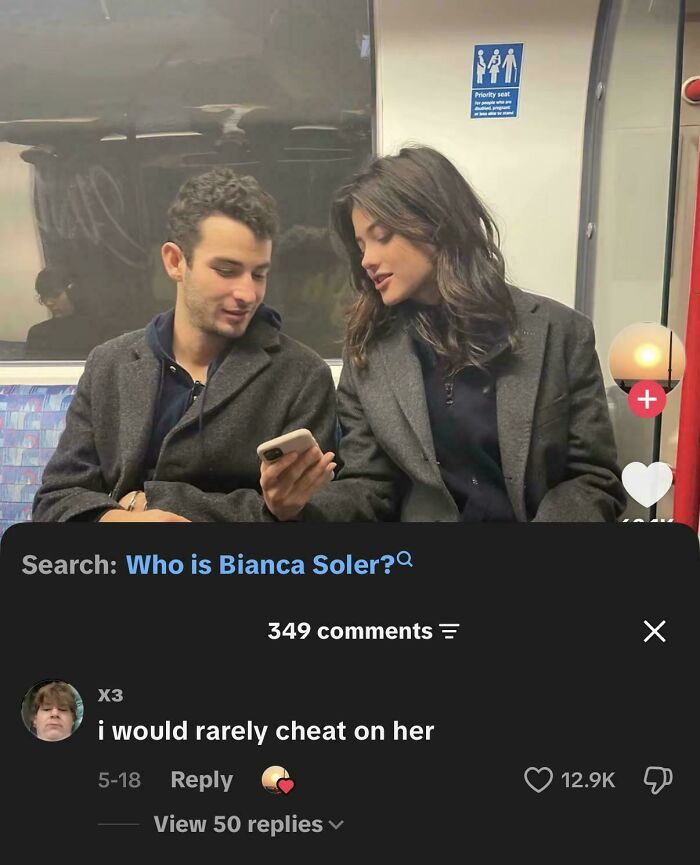 Screenshot of a couple looking at a phone with a humorous comment below, a funny internet moment.