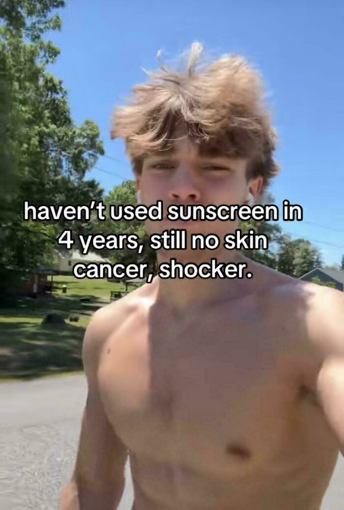 Screenshot of a man claiming he hasn't used sunscreen in years, a funny internet moment.