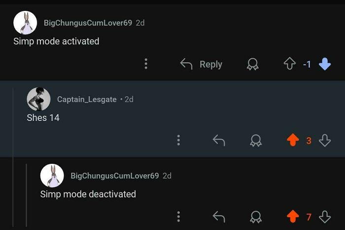 A Reddit comment section showing unexpected character development by retracting a 'Simp mode' comment.