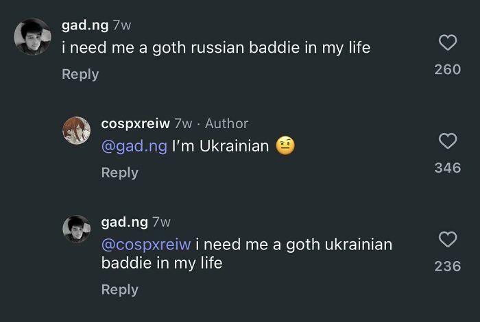 A comment thread on a post, where a user's preference for a goth Russian baddie develops into a goth Ukrainian baddie.