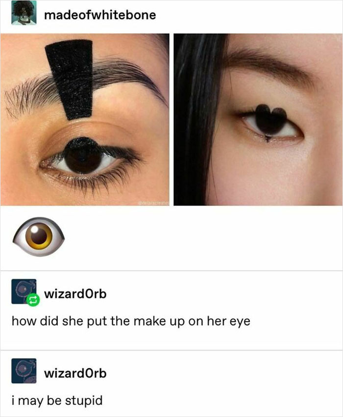 A split image of two eye makeup styles and a comment thread showing unexpected character development.