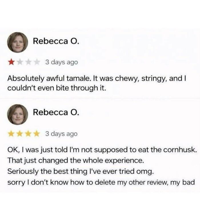 A screenshot showing two reviews from Rebecca O. about a tamale, demonstrating character development.