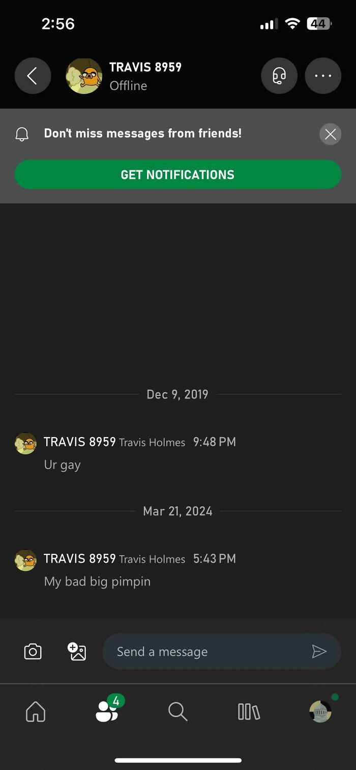 A screenshot of messages demonstrating unexpected character development, from a rude comment to an apology years later.