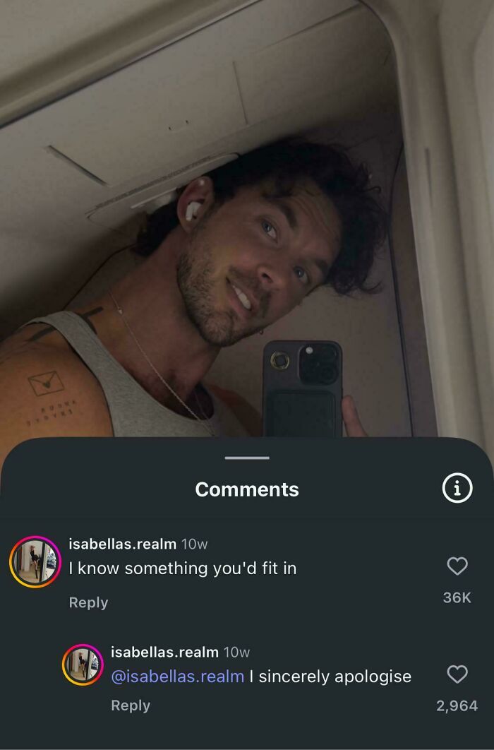 A mirror selfie of a man with an unexpected character development in the comments, an apology following a remark.