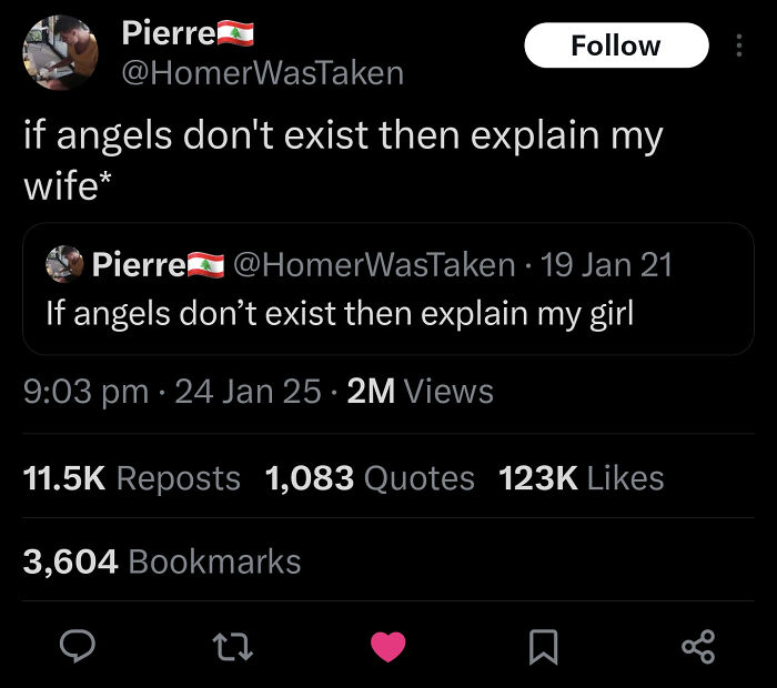 A tweet from Pierre demonstrating unexpected character development, from 'my girl' to 'my wife.'