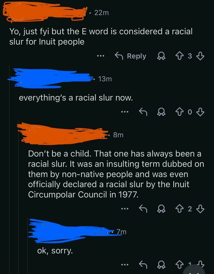 Screenshots of a conversation revealing unexpected character development in understanding racial slurs for Inuit people.
