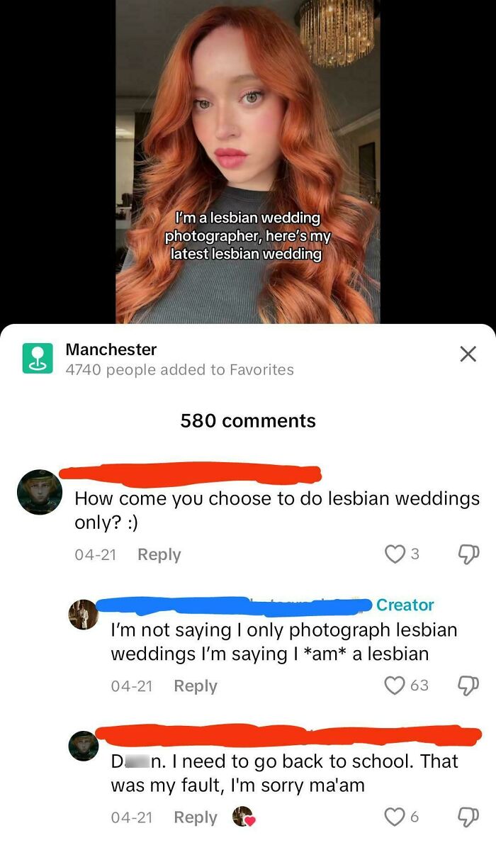 Screenshots showing a conversation about a lesbian wedding photographer's character development in clarity and acceptance.