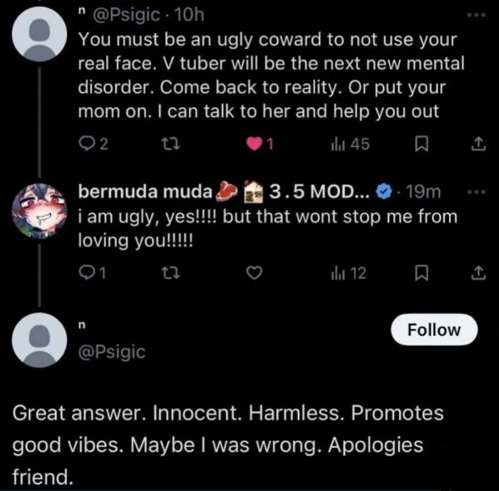 Screenshots of a Twitter exchange demonstrating unexpected character development from an internet troll to an apologetic friend.