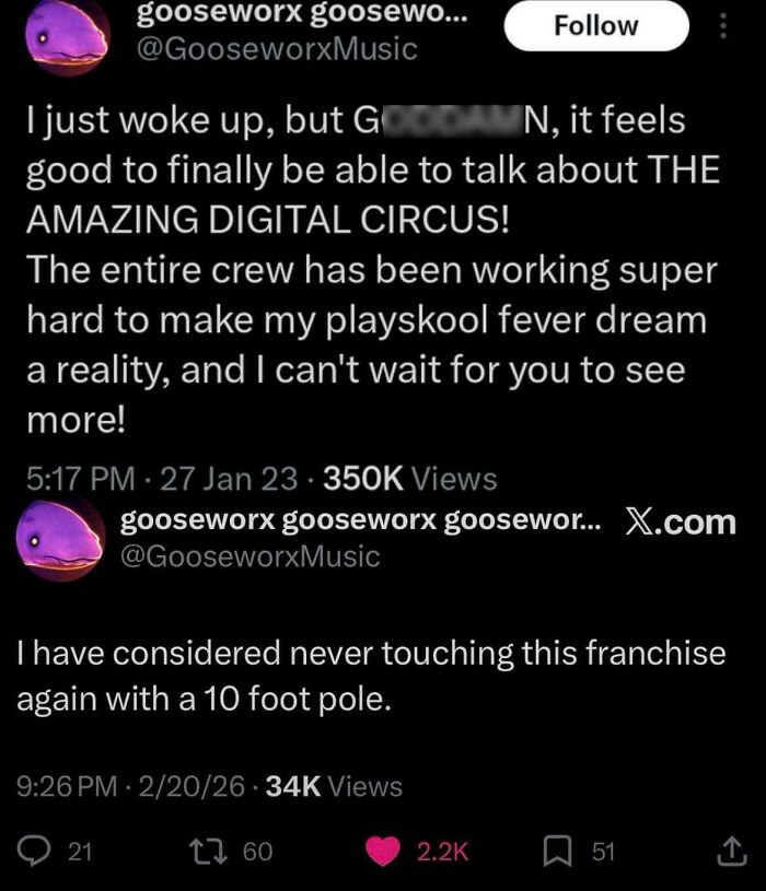 Screenshots of a Twitter conversation showing user gooseworx's unexpected character development regarding a digital circus.