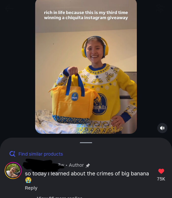A woman happily holding a Chiquita banana bag and wearing a matching sweater, showcasing character development.