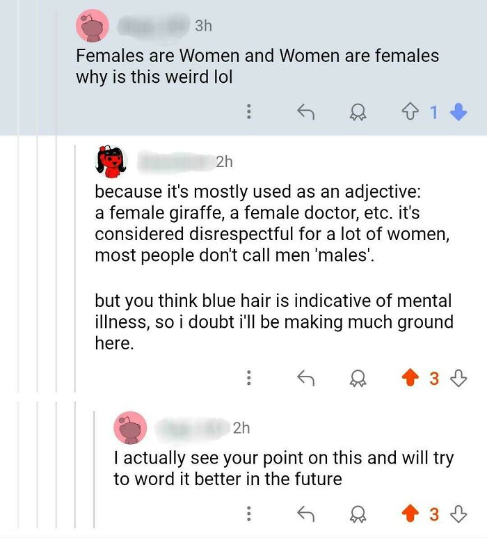 A Reddit thread capturing character development as one user explains why 'females' is often disrespectful, leading to the other user understanding.