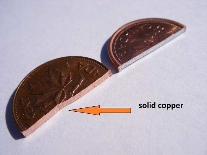 A copper coin cut in half, revealing its solid copper interior, illustrating surprising photos of objects cut in half.