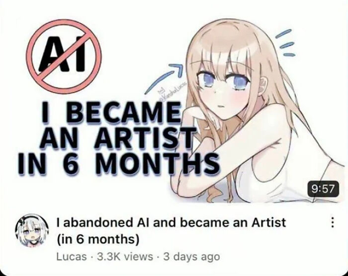A YouTube thumbnail and title: 'I abandoned AI and became an Artist (in 6 months)', showcasing character development in artistic skill.